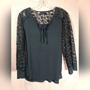 Hale Bob Women's Black Blouse Embroidered Sleeves Size Small EUC